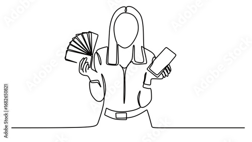 Continuous line art of a business woman wearing a business suit holding a lot of money and holding a smartphone. Concept of success and achievement. Vector illustration.