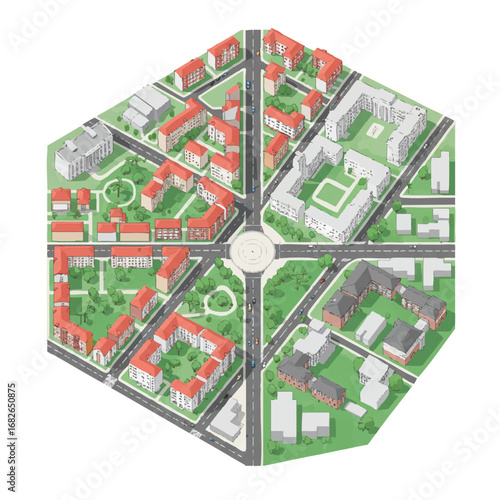 Modern isometric illustration of a hexagonal city plan, showcasing residential buildings, roads, and green spaces around a central roundabout.