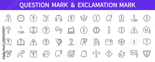 Question mark & exclamation mark icon collection. Ask, quiz, issue, matter, warning, attention, problem, error, trouble, notification, alert symbol. Vector illustration. Editable stroke