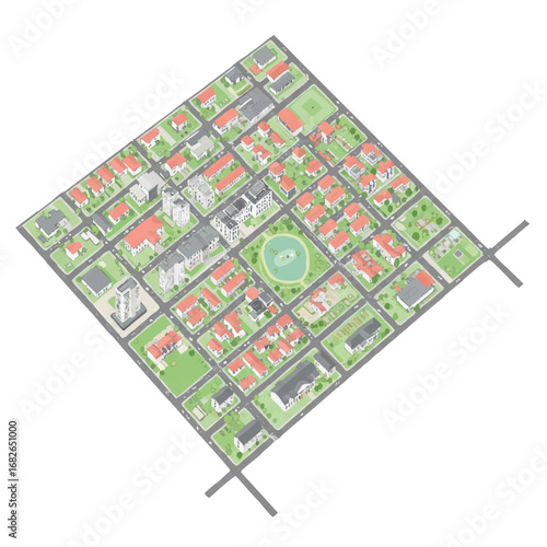 An aerial isometric 3D illustration of a vibrant urban city block, featuring residential houses, winding roads, expansive green parks, and a serene central pond.