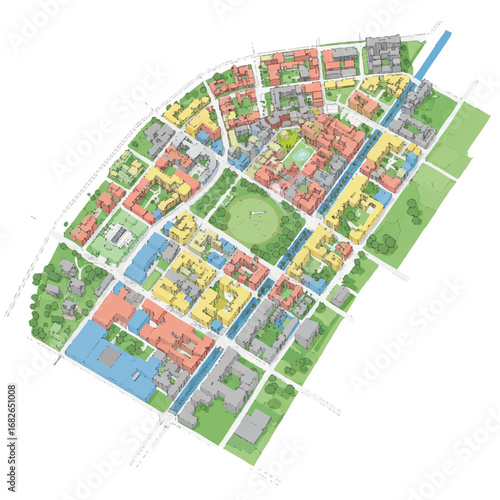 This detailed aerial view of a vibrant urban planning map showcases residential, commercial, and green spaces with integrated waterways.
