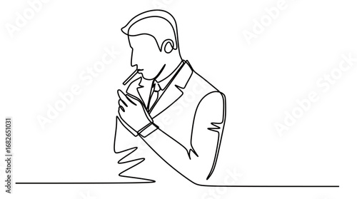 Continuous line art of a man in a work suit smoking and relaxing after work. Break time at work. Vector illustration