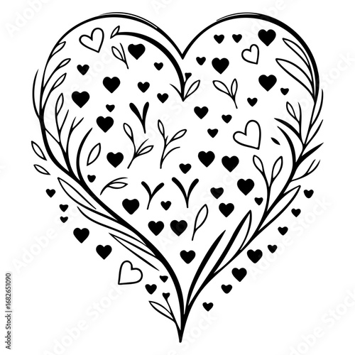 Elegant heart illustration with leaves and tiny hearts creating a romantic and natural feeling