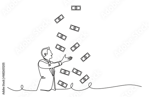 Continuous line art of a business man wearing a business suit with money scattered in front of him. Concept of success and achievement. Vector illustration.