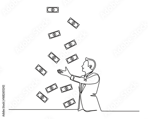 Continuous line art of a business man wearing a business suit with money scattered in front of him. Concept of success and achievement. Vector illustration.