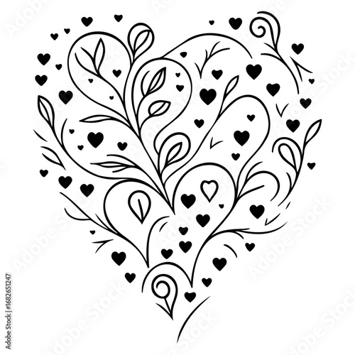 Elegant heart shape design with flourishing botanical elements and decorative small hearts symbols