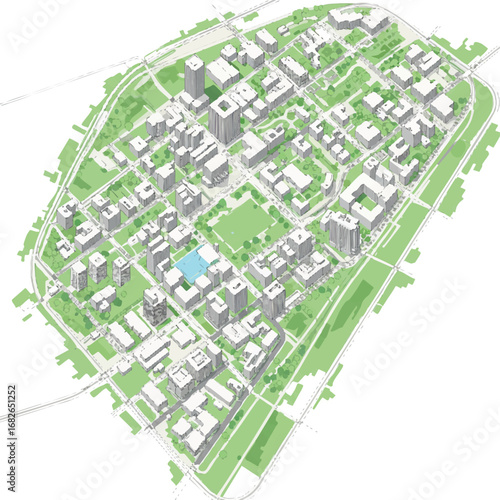 An intricate aerial diagram illustrates a comprehensive urban development plan, detailing modern buildings, green spaces, and infrastructure, with a key structure emphasized.