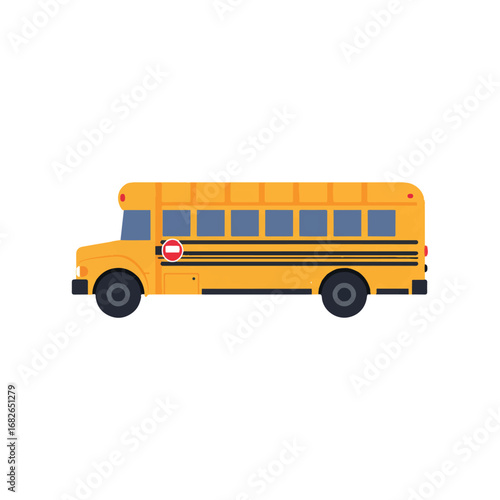 A cheerful yellow school bus is presented in a strict side view as a minimalist 2D flat vector illustration with clean lines and solid colors, isolated on a bright white background.