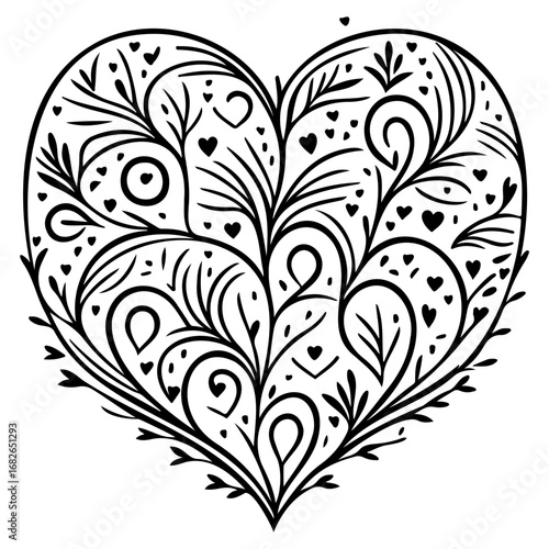 Elegant heart shape illustration featuring intricately detailed botanical embellishments and