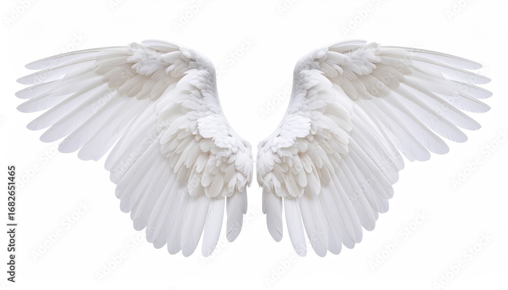 Naklejka premium Elegant white wings, intricately detailed feathers fanned out against a clean white background, creating a visual of lightness and ethereal beauty