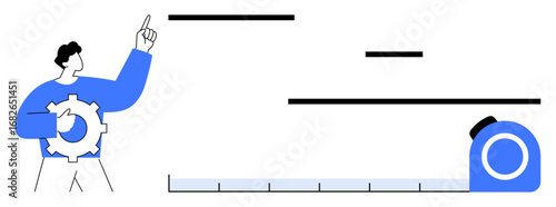 Person pointing upwards with gear in hand near different-sized lines, tape measure, and ruler. Ideal for teamwork, engineering, education, design, planning, problem-solving simple landing page