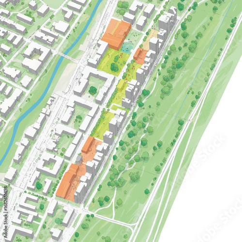 An illustrative aerial view showcases a modern urban master plan with residential buildings, green spaces, and a river, highlighting sustainable city development.