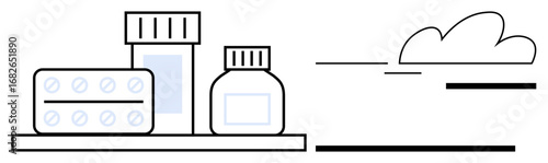 Pills in blister pack, medicine bottles on flat surface illustrating pharmaceutical care. Ideal for healthcare, pharmacy, medication, wellness, prescription, drug safety, simple flat metaphor