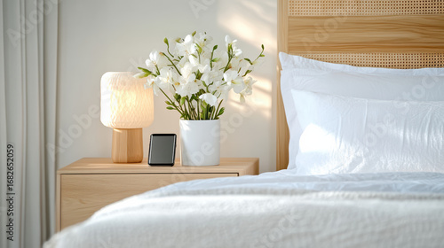 Cozy bedroom with nightstand, lamp, phone charger, and fresh flowers creating serene atmosphere