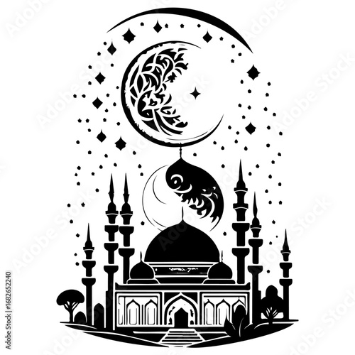 Elegant islamic art illustration showcasing moon crescent and mosque for spiritual reflection and
