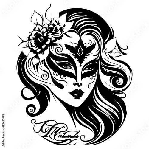 Elegant lady with mysterious carnival mask and floral accents illustration brings intrigue and