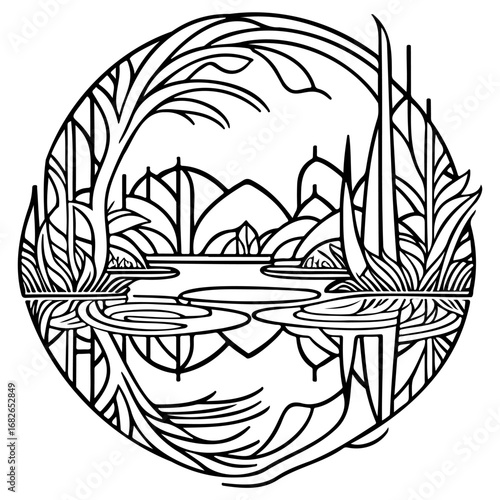 Elegant line art depicting a tranquil pond scene with stylized vegetation and distant mountains