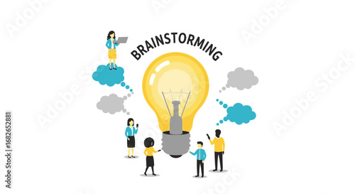 Illustrative concept of a diverse team engaging in a productive brainstorming session, sparking new ideas and fostering innovation with a central lightbulb