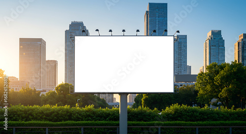 Blank billboard signage in city park with modern skyscrapers and lush greenery at sunrise isolated on white background