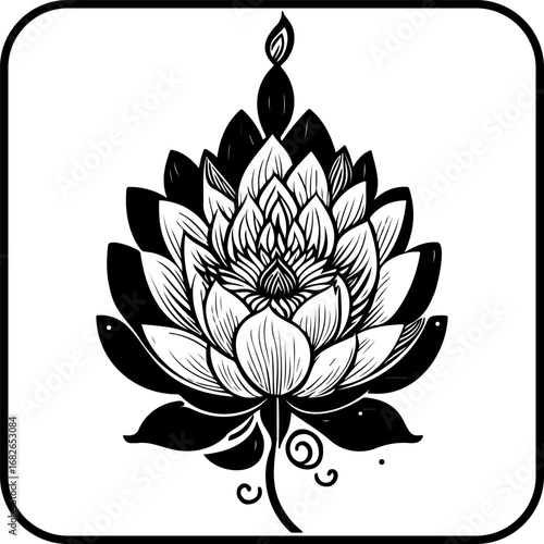 Elegant lotus flower artwork with black and white minimalism showcases stylized design perfect for