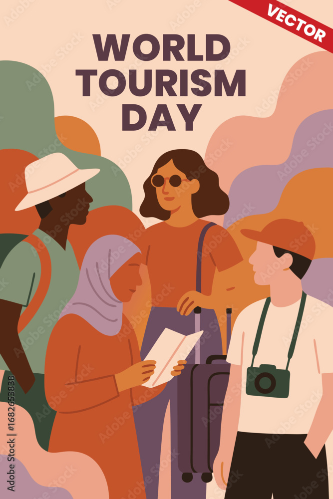 Naklejka premium World Tourism Day: Embrace travel inspiration with this World Tourism Day poster celebrating global unity, tourism development, and the beauty of discovering cultures and destinations across the world
