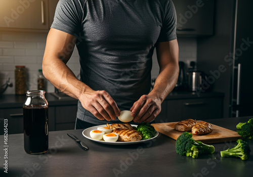 Athlete meal prep with boiled eggs, chicken breast, and broccoli for healthy fitness diet