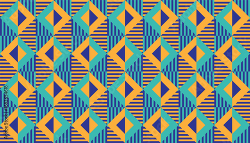 A colorful geometric design featuring rhombuses, squares, and diagonal lines. Dark blue, light blue, yellow, and turquoise combine to create a dynamic, retro-modern, and visually energizing impression
