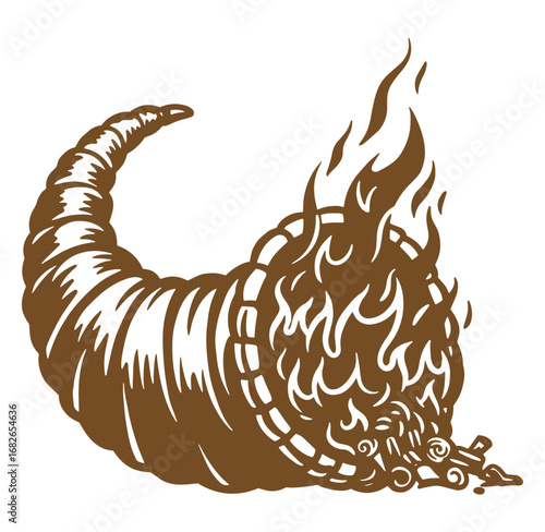 Brown horn of plenty with fire bursting representing abundance and celebration