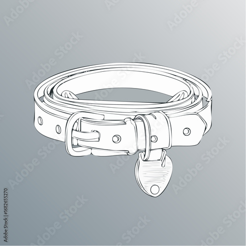 A detailed hand-drawn sketch of a classic leather dog collar with a buckle and a heart-shaped identification tag