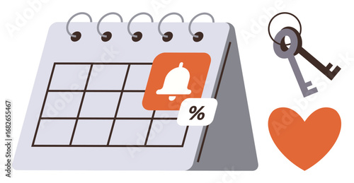 Desk calendar marked with a notification bell, percentage sign, keys, and a heart. Ideal for time management, reminders, planning, deadlines organization security relationships. Simple flat