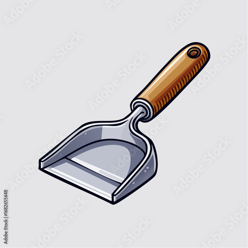 Detailed cartoon illustration of a traditional household dustpan with a wooden grip and metal scoop, a classic cleaning tool for housekeeping