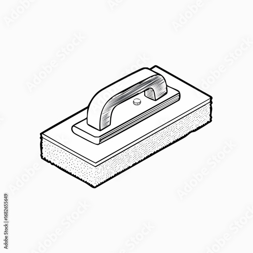A simple black and white line art illustration of a grout float, an essential hand tool used for applying grout during tiling, construction, and home renovation projects