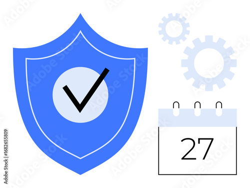 Shield with checkmark, gears, and calendar illustrates data security, reliable scheduling, workflow automation, cybersecurity, compliance, progress and stability. Ideal for simple flat metaphor