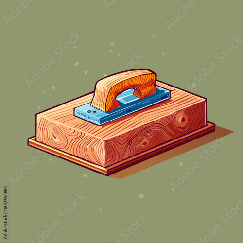 Isometric illustration of a classic wooden float trowel, a hand tool for finishing concrete and plaster surfaces