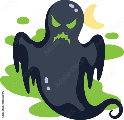 Menacing Dark Ghost with Glowing Eyes and Mouth on Green Spatter