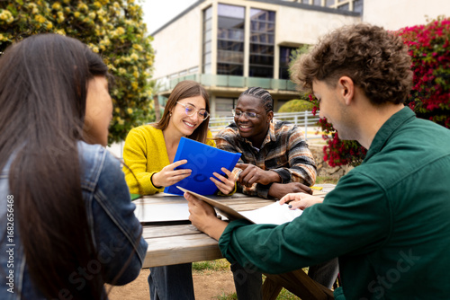 University students collaborating on a project outdoors