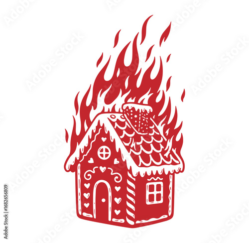 Burning red gingerbread house with flames depicting disaster christmas holiday design