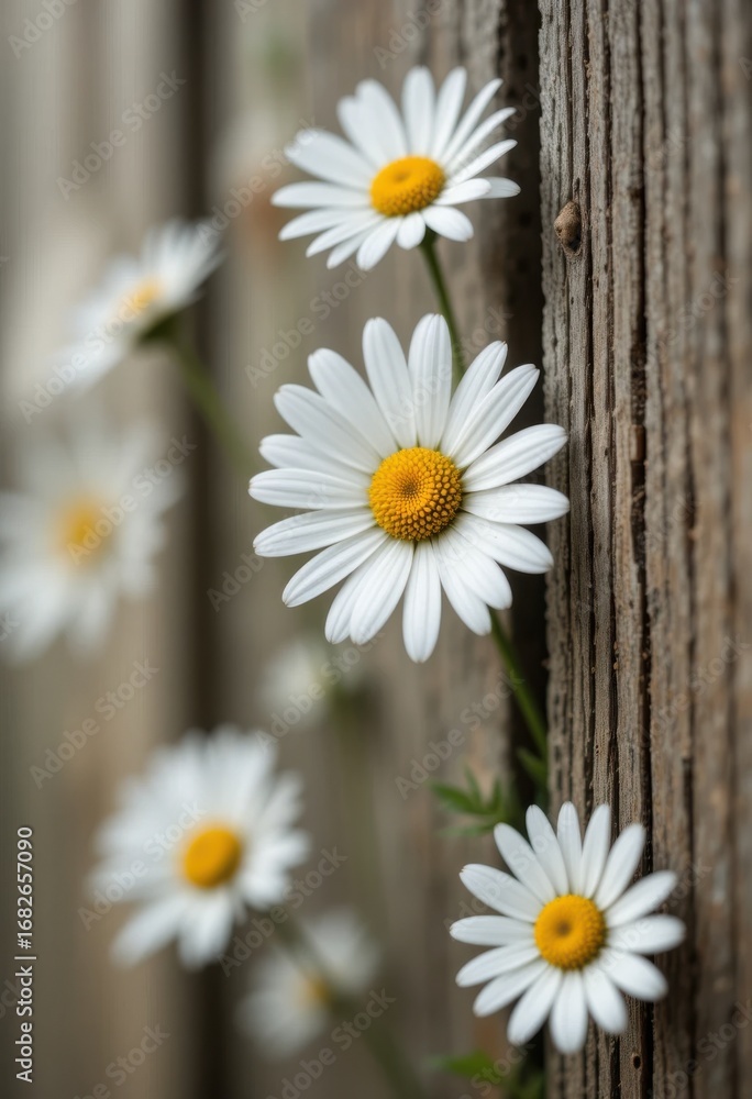 Obraz premium Close-Up of White Daisies Blooming Through Rustic Wooden Fence in a Serene Garden Setting