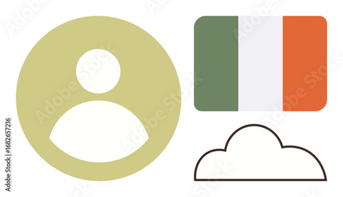 Profile icon, Irish flag, and outlined cloud shape symbolizing user identity, national connection, and digital communication. Ideal for technology, nationality, cloud computing, user interface