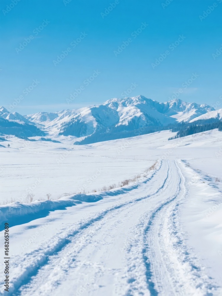 Fototapeta premium Snowy Landscape with Mountain Range and Tire Tracks