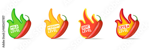 Spicy hot red chili pepper icons set with flame and rating of spicy. Vector spicy food level sticker collection, mild, medium hot and extra hot level of pepper sauce or snack food