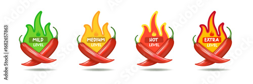 Spicy hot red chili pepper icons set with flame and rating of spicy. Vector spicy food level sticker collection, mild, medium hot and extra hot level of pepper sauce or snack food