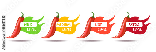 Spicy hot red chili pepper icons set with flame and rating of spicy. Vector spicy food level sticker collection, mild, medium hot and extra hot level of pepper sauce or snack food
