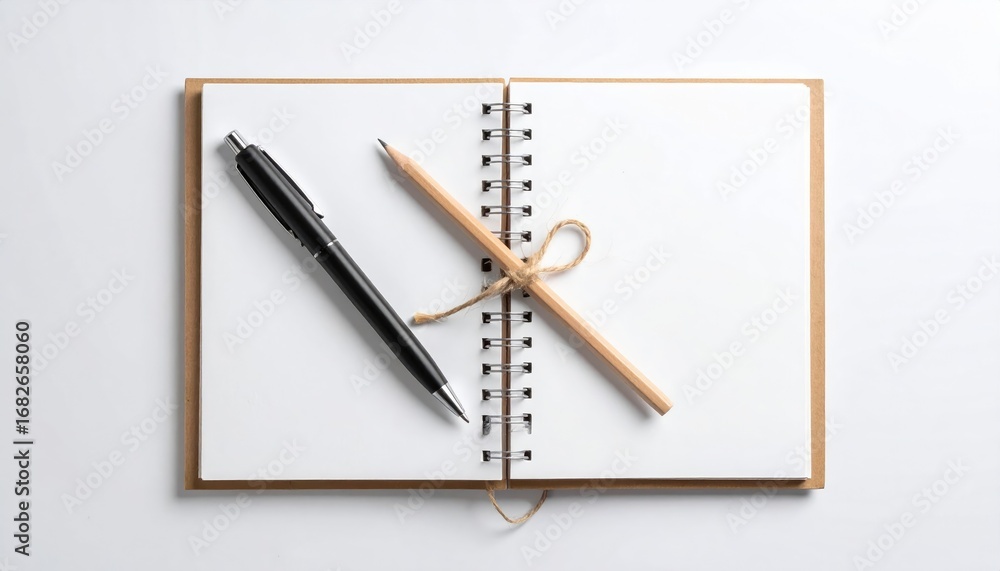 custom made wallpaper toronto digitalOpen spiral-bound notebook with blank pages, a black pen, and a pencil tied with twine on a white background, creating a minimalist composition