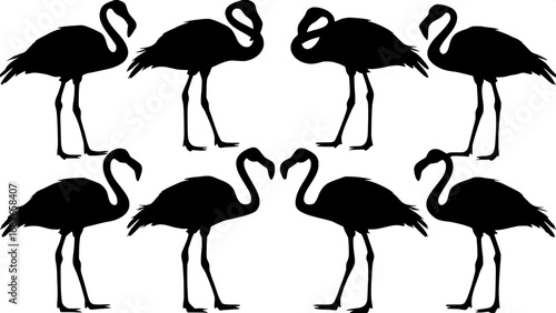 Minimalist flamingo silhouettes in black on a white background, six arranged symmetrically, showing different poses such as standing, feeding, and flying, clean and serene composition.