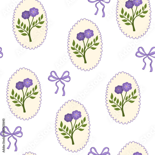 Preppy seamless pattern with ribbon bow and flowers. Coquette trellis floral background. Vintage design for fabric, wallpaper or wrapping paper. Vector botanical elegant trendy print