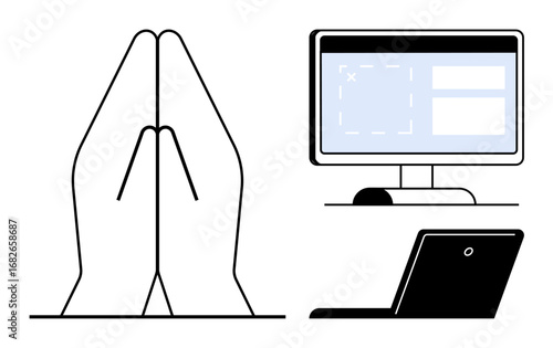 Hands forming prayer gesture alongside computer monitor and laptop. Ideal for digital spirituality, remote gratitude, mindfulness, virtual prayer, technology balance, work-life harmony, simple flat