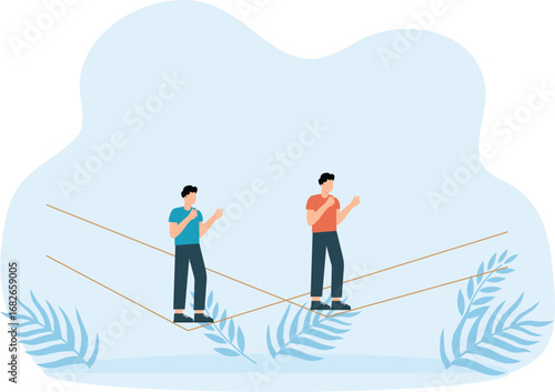 Two Man walking on a tight rope, Concept for moving ahead with risks and challenges for business success concept,

