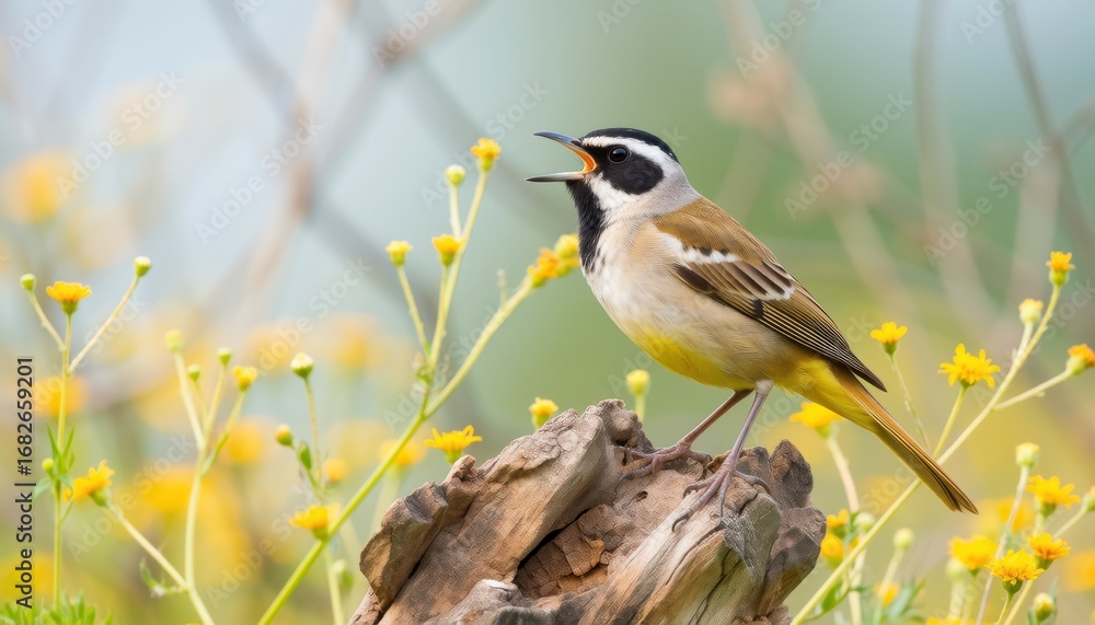 Fototapeta premium Singing bird in vibrant flower field nature photography outdoor scene close-up perspective