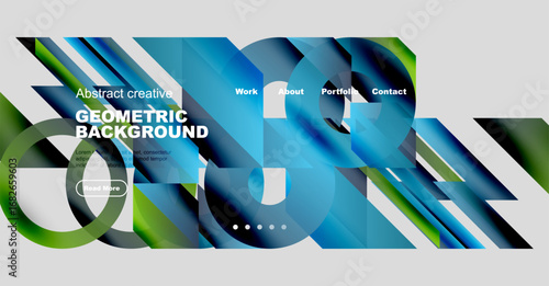 Abstract geometric background features vibrant blue, green hues. Website navigation includes work, about, portfolio, contact options.